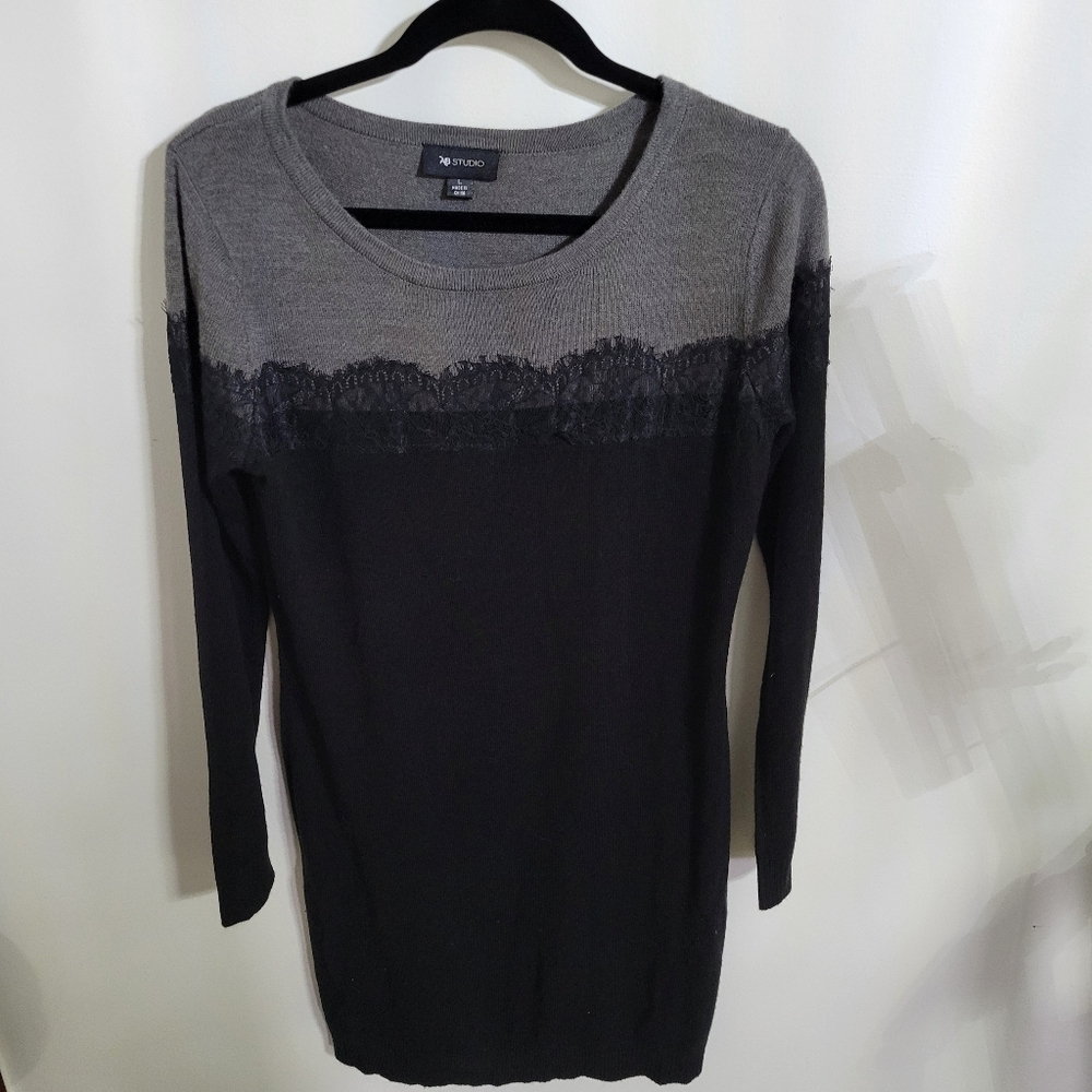 Ab Studio Two-Tone Gray and Black Sweater Dress with Lace Trim, Size L
